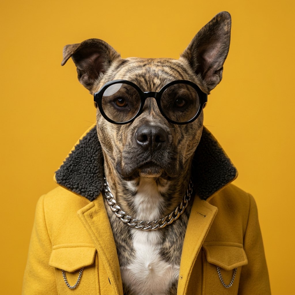 Brindle dog in a canary-yellow coat with a shearling collar, silver chain and round black glasses