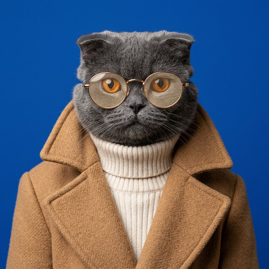 Grey Scottish Fold cat in a camel overcoat, cream turtleneck and gold glasses on cobalt blue