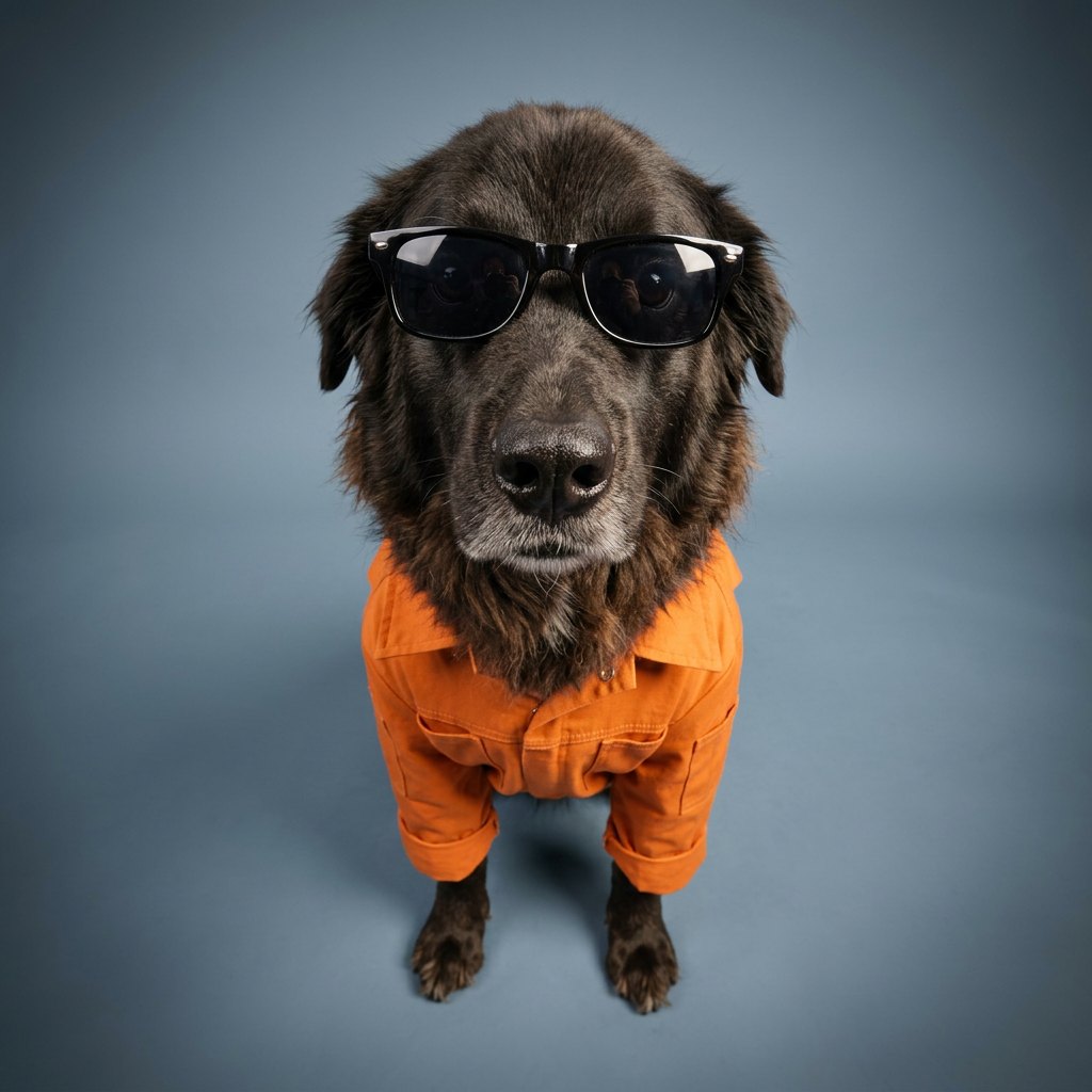Shaggy black dog with a grey muzzle in an orange jumpsuit and black sunglasses, shot from above