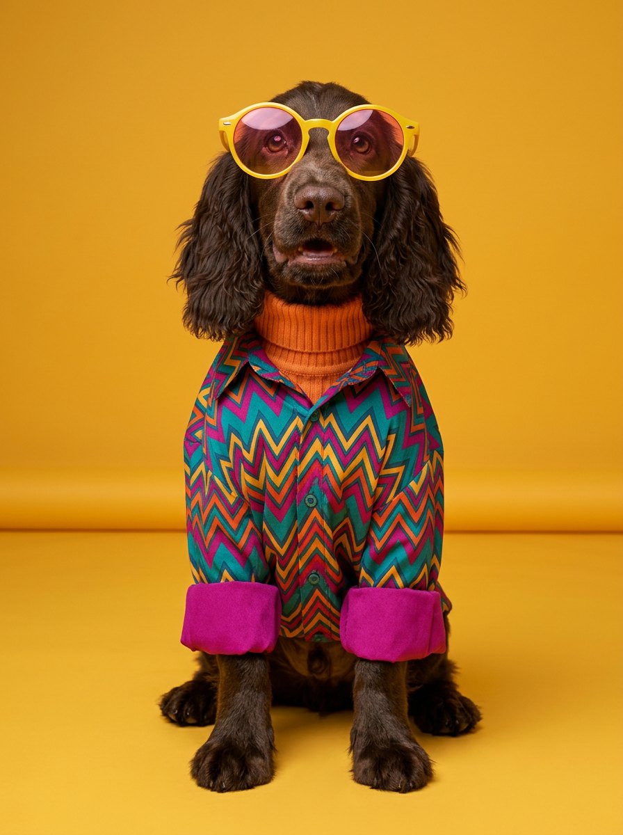 Chocolate spaniel in a colourful zigzag shirt, orange turtleneck and yellow round glasses on yellow