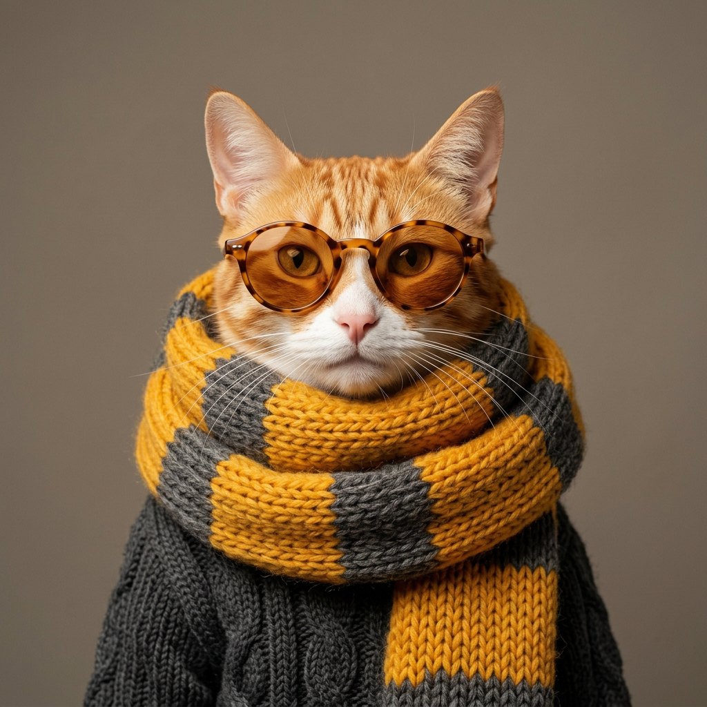 Ginger tabby cat in a saffron and charcoal striped scarf and tortoiseshell glasses