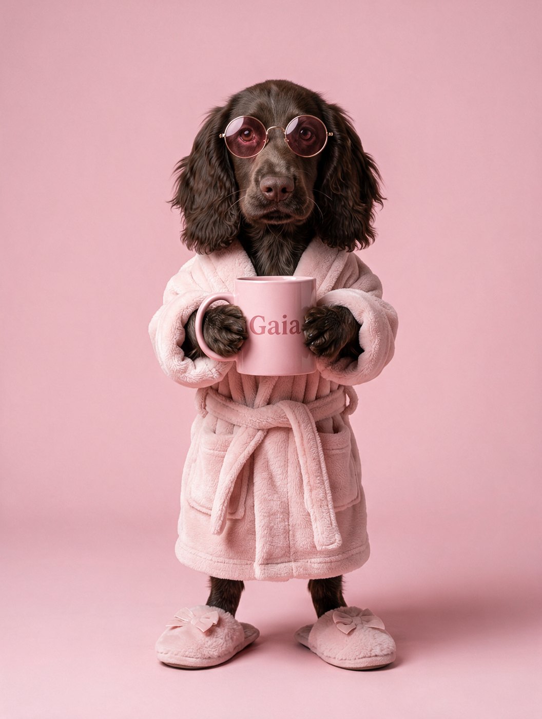 Chocolate spaniel standing in a pink robe and slippers, holding a pink mug with the name Gaia