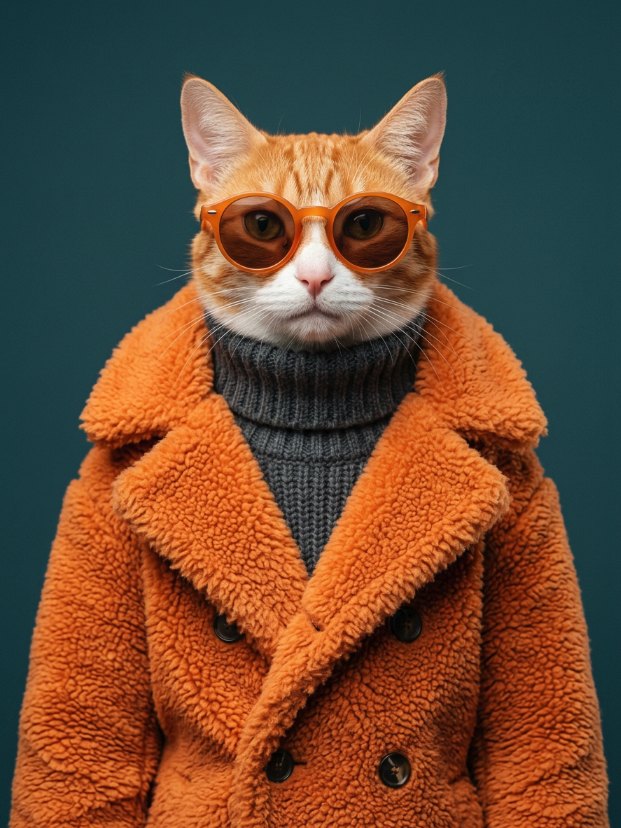 Ginger tabby cat in an orange teddy coat, grey roll-neck and round orange sunglasses on teal