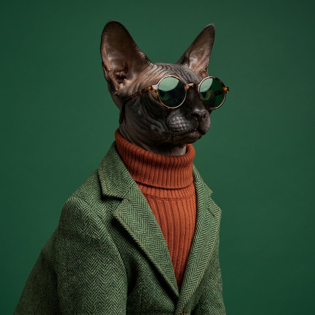 Sphynx cat in a green herringbone tweed jacket, rust turtleneck and green-lens sunglasses