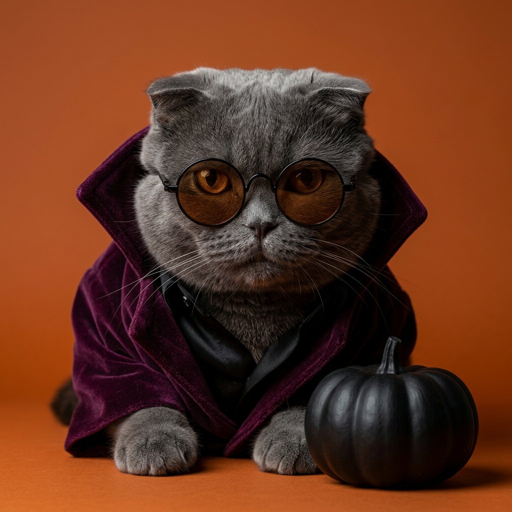 Grey Scottish Fold cat in a plum velvet jacket and round amber glasses beside a small black pumpkin